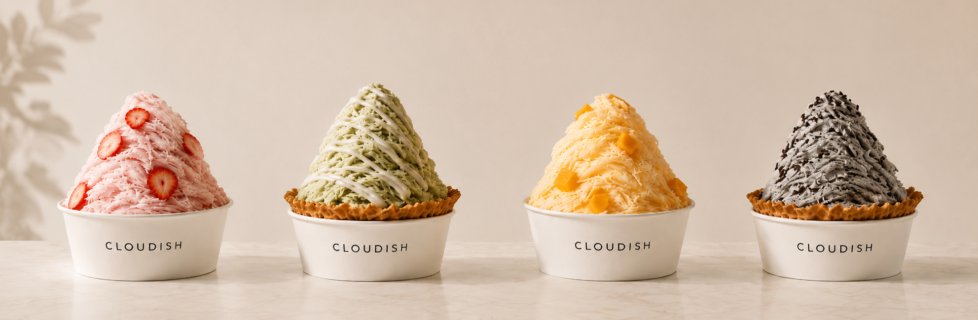 Drift Snow Lab flavors in a row — strawberry, matcha, black sesame, mango
