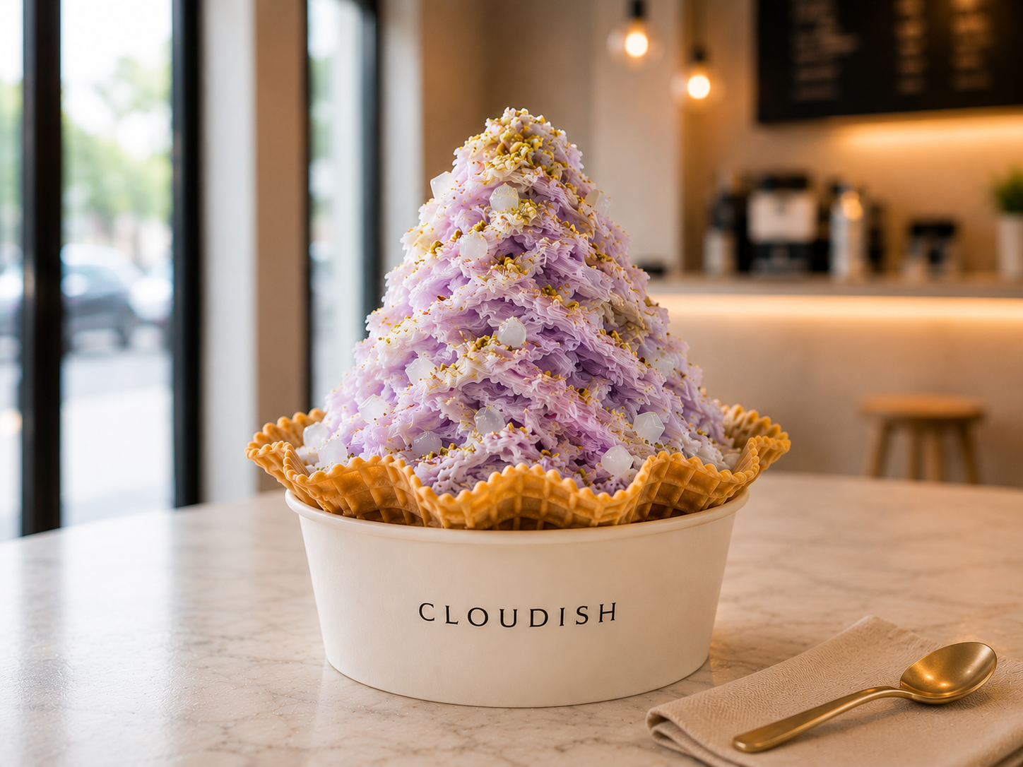 Drift Snow Lab ube shaved snow in a waffle bowl, topped with lychee jelly and pistachio dust